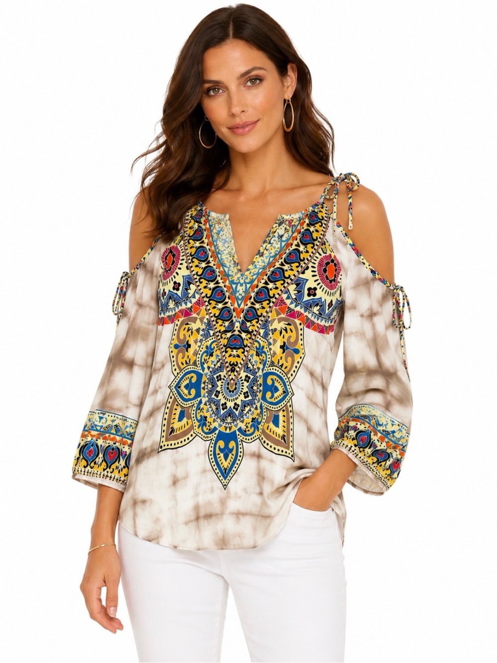 Hale Bob Cold Shoulder Cream Tunic with Yellow, Blue and Pink Medallion Print